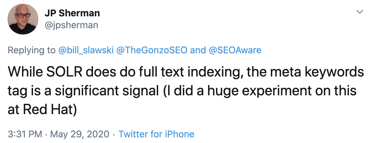 JP Sherman's tweet on the meta keywords tag.