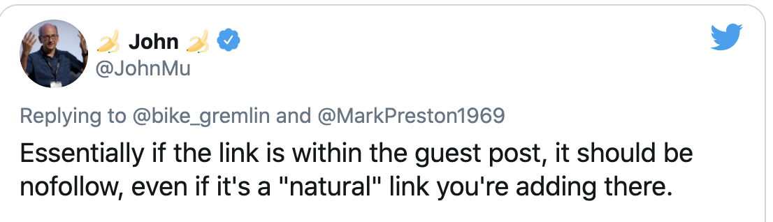 google's john mu tweet on links in guest posts