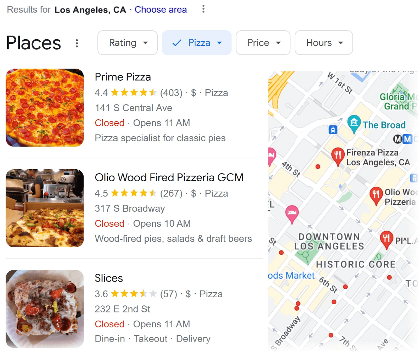 Google results for "pizza near me" query in Los Angeles, CA