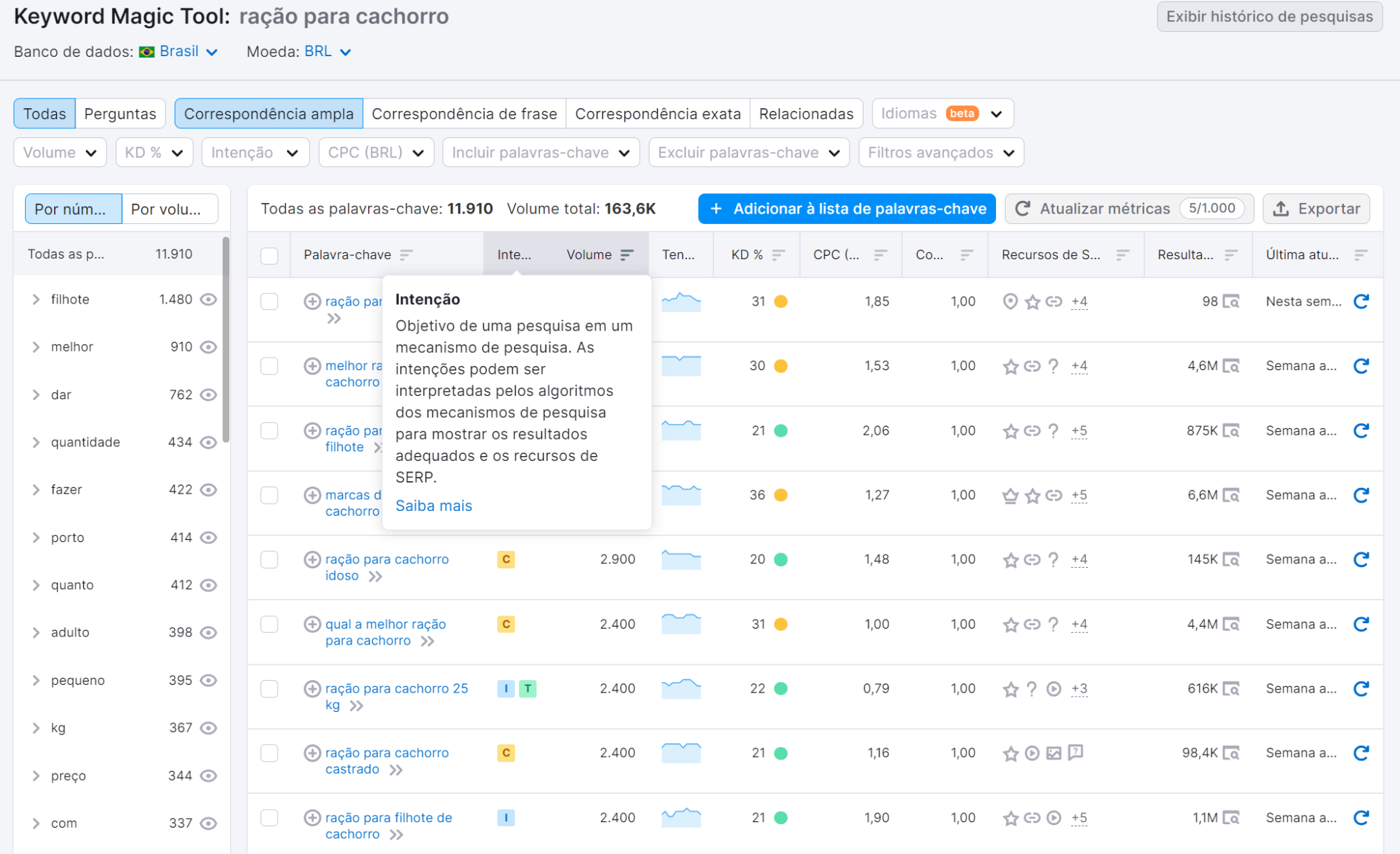 intenção d ebusca na ferramenta keyword magic tool