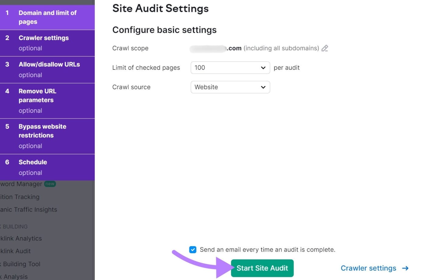 semrush site audit configuration of basic settings with start site audit button highlighted