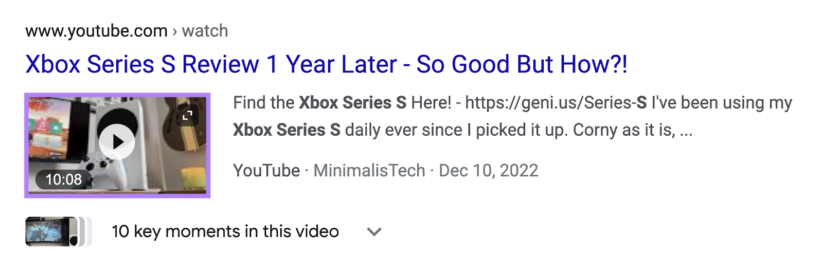 A video result on SERP shows video's title, description and thumbnail (highlighted)