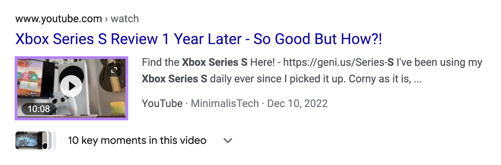 A video effect   connected  SERP shows video's title, statement  and thumbnail (highlighted)