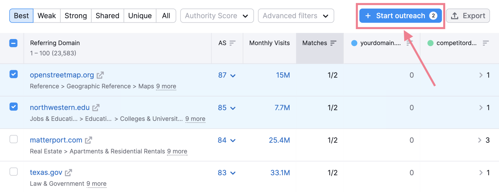 backlink gap start outreach