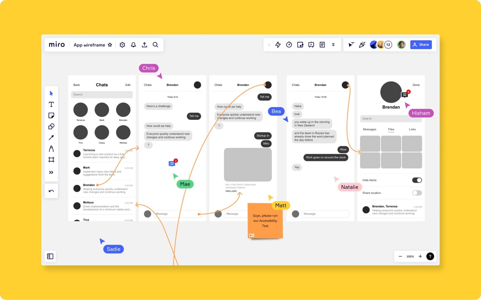 Team members collaborate using Miro to make suggestions and improvements to their product’s chat feature