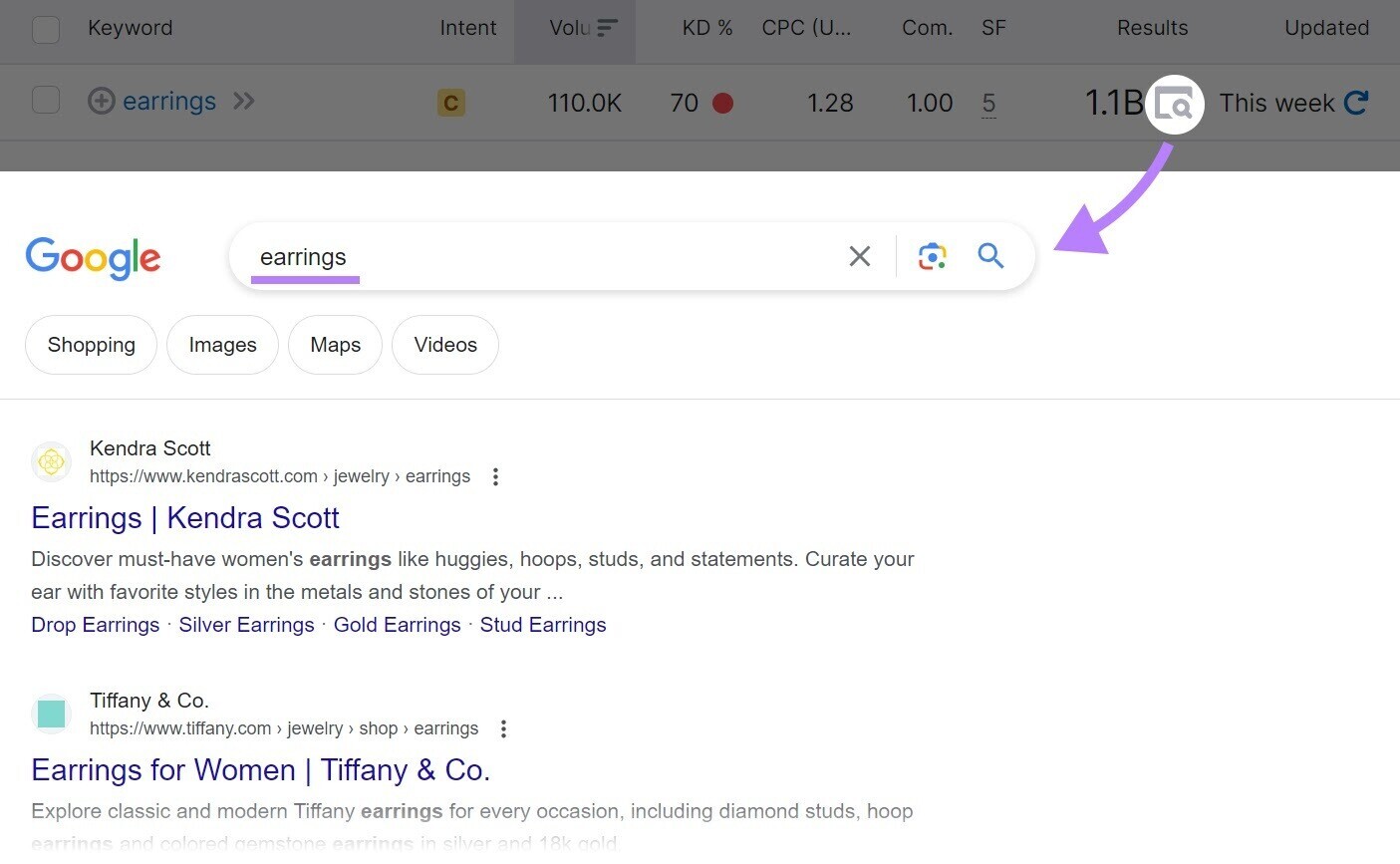 clicking on “Results” icon next to "earrings" shows SERP for a given keyword