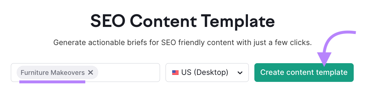search for “Furniture Makeovers” in SEO Content Template tool