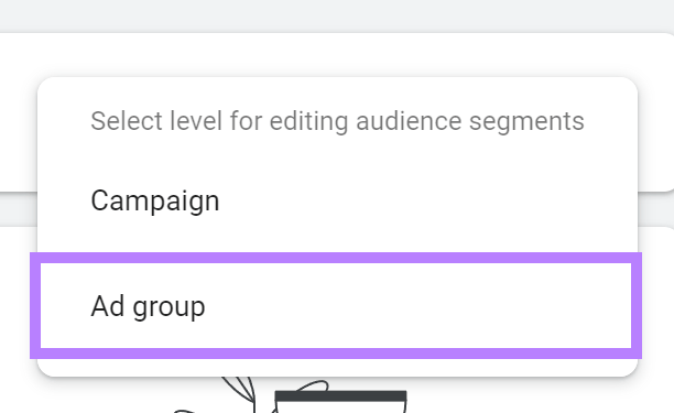 "Ad group" option highlighted