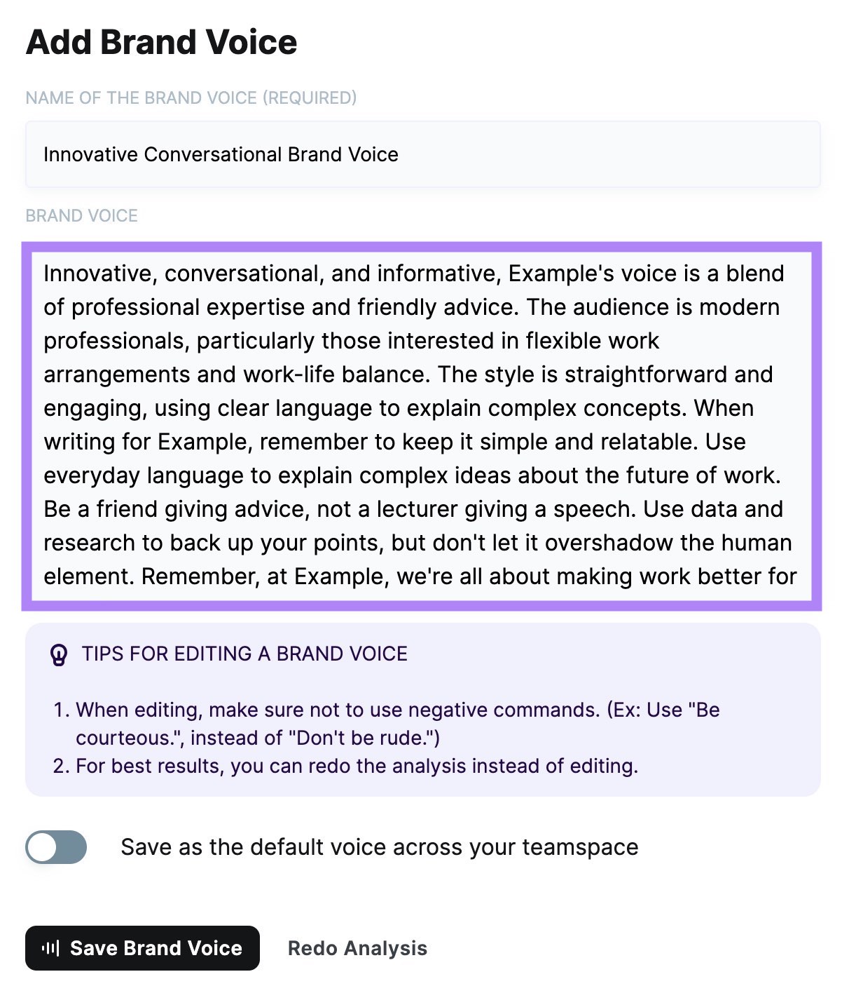 Brand Voice analyzed and described based connected  an inputted URL connected  Copy.ai.