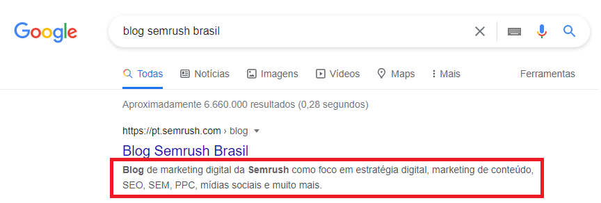 o que é e como fazer descrições corretamente 1 Print da SERP do google para "blog semrush brasil" com destaque na meta description