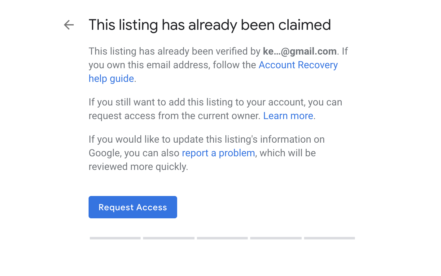 Google My Business showing that a listing is already claimed