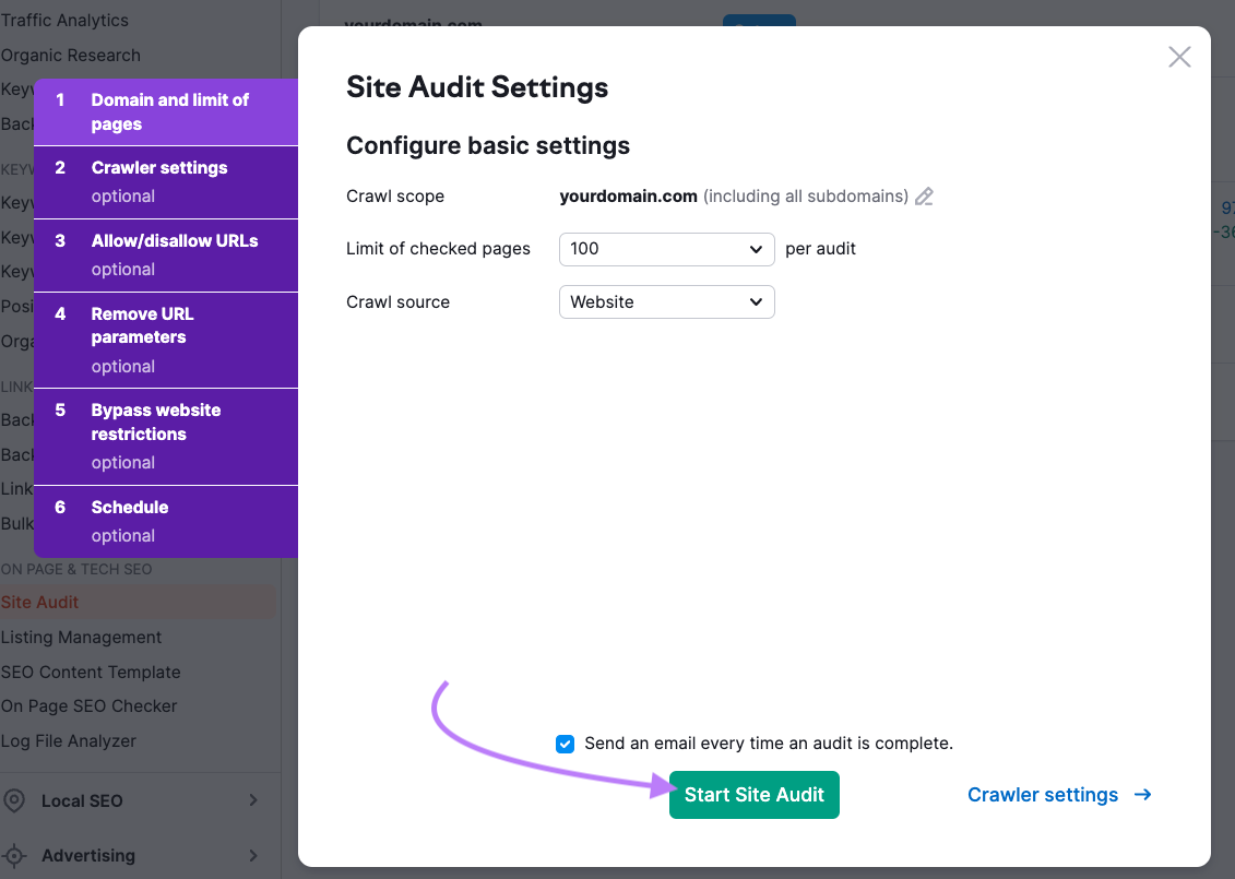 Site Audit Settings page