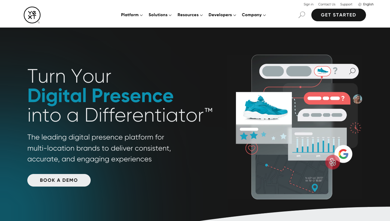 Yext's homepage showing a differentiator and a CTA button