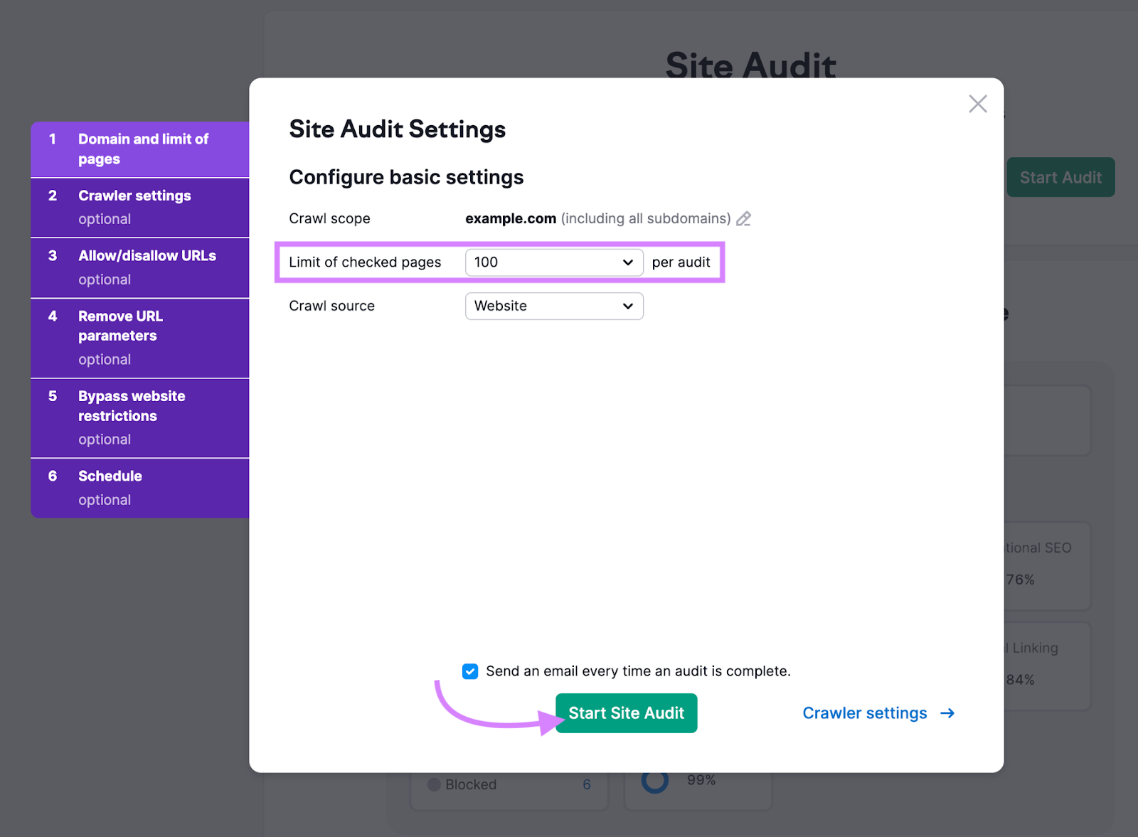 Start Audit Settings popup window