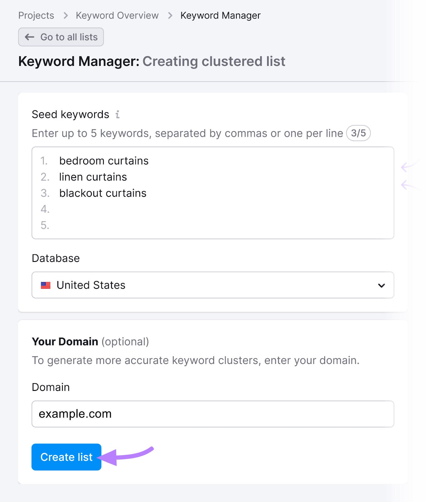 creating clustered list in Keyword Manager