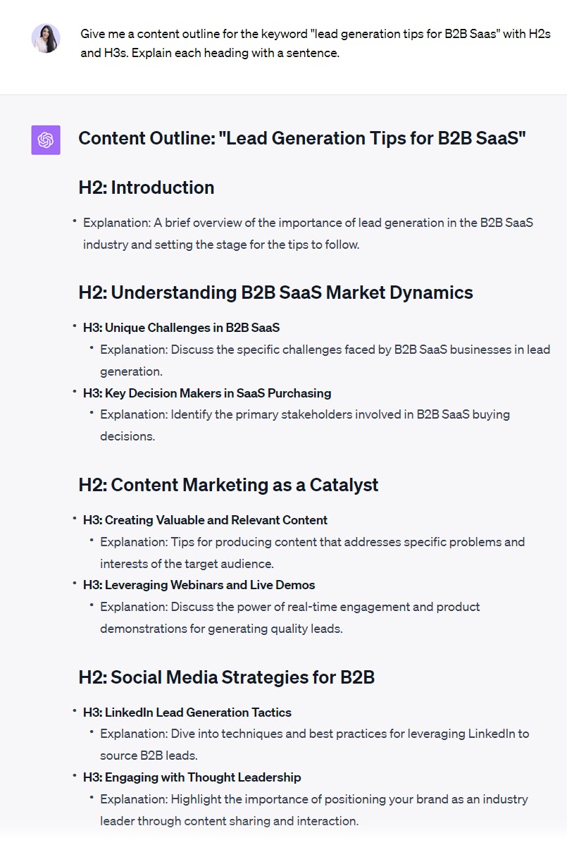 A content outline for the keyword “lead generation tips for B2B SaaS" generated by ChatGPT