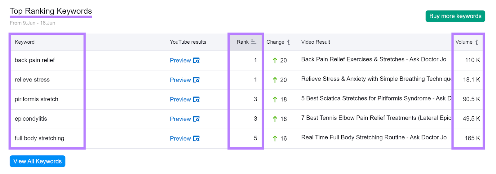 Top Ranking Keywords section with Keyword, Rank, and Volume columns highlighted.