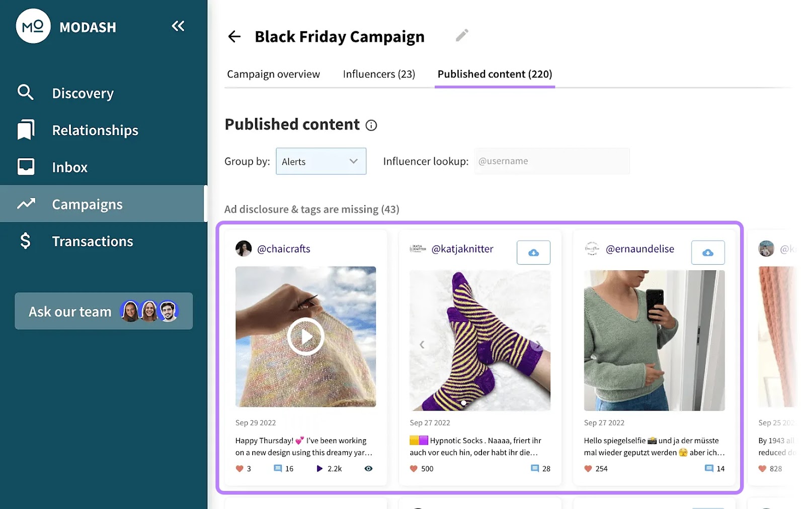 influencer content related to Black Friday campaign shown on Modash's dashboard