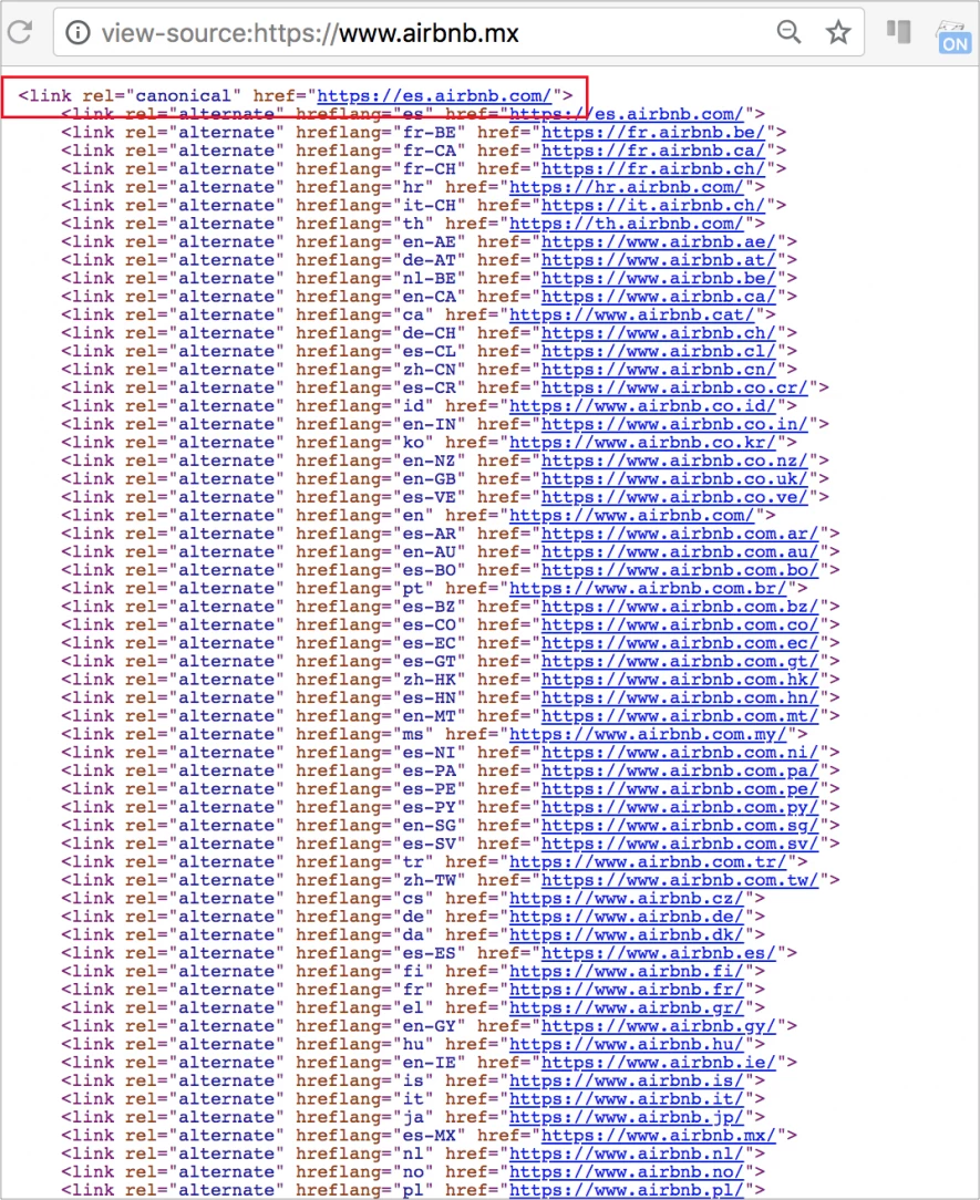 esempio di canonicalizzazione delle versioni internazionali del sito airbnb