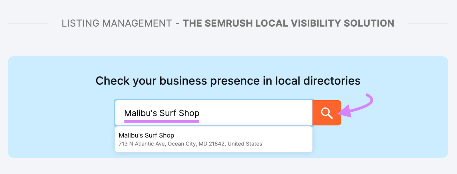 Entering "Malibu's Surf Shop" in the Listing Management tool