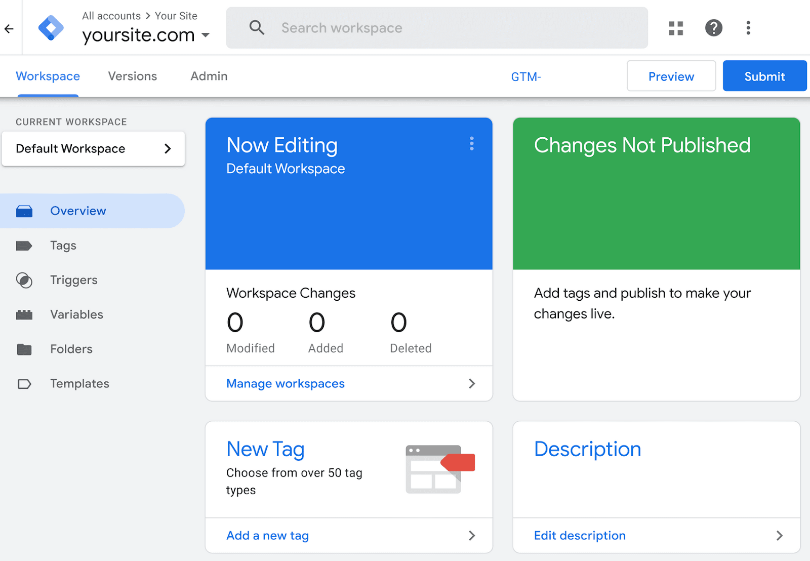 “Overview” section of Google Tag Manager container
