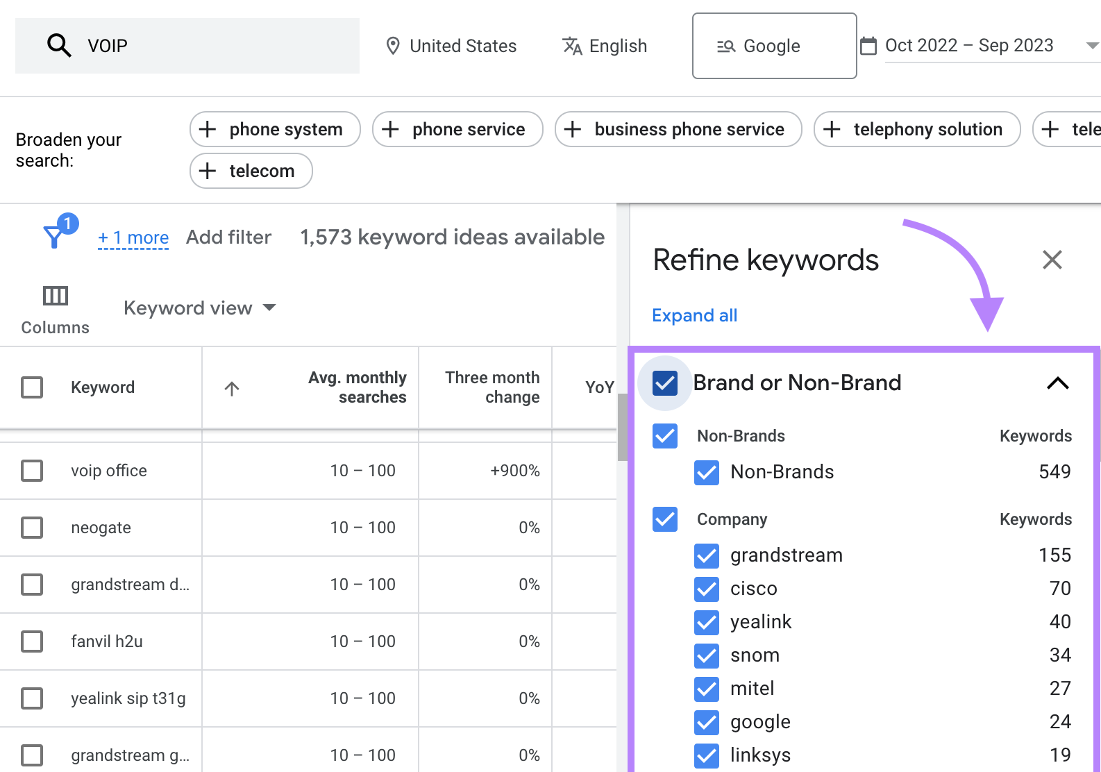 “Refine keywords” drop-down menu in Keyword Planner