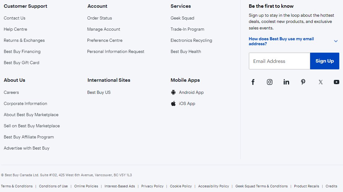 BestBuy's footer navigation