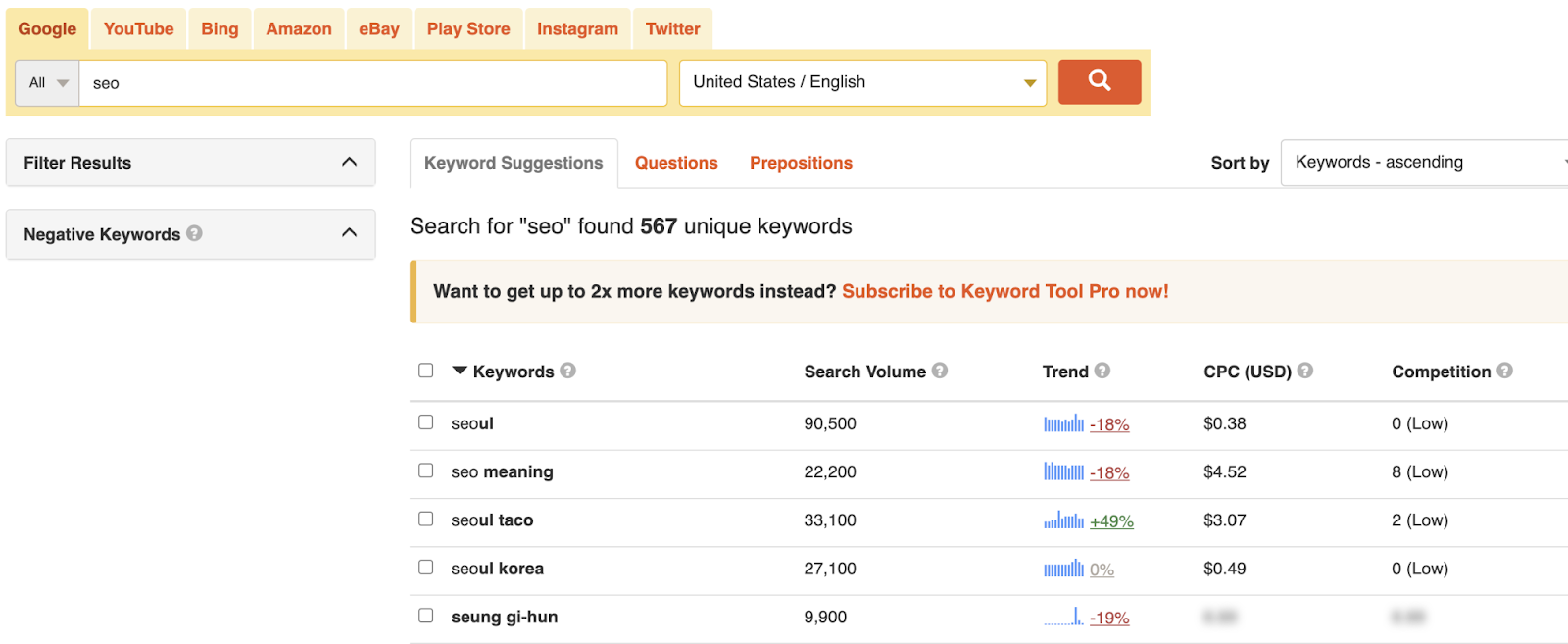 Keyword Tool homepage