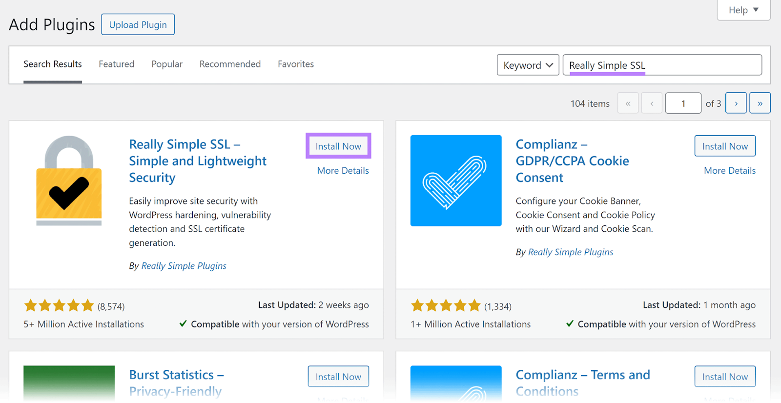 Add Plugins page with 'Really Simple SSL' in search bar and 'Install Now' button highlighted in plugin results