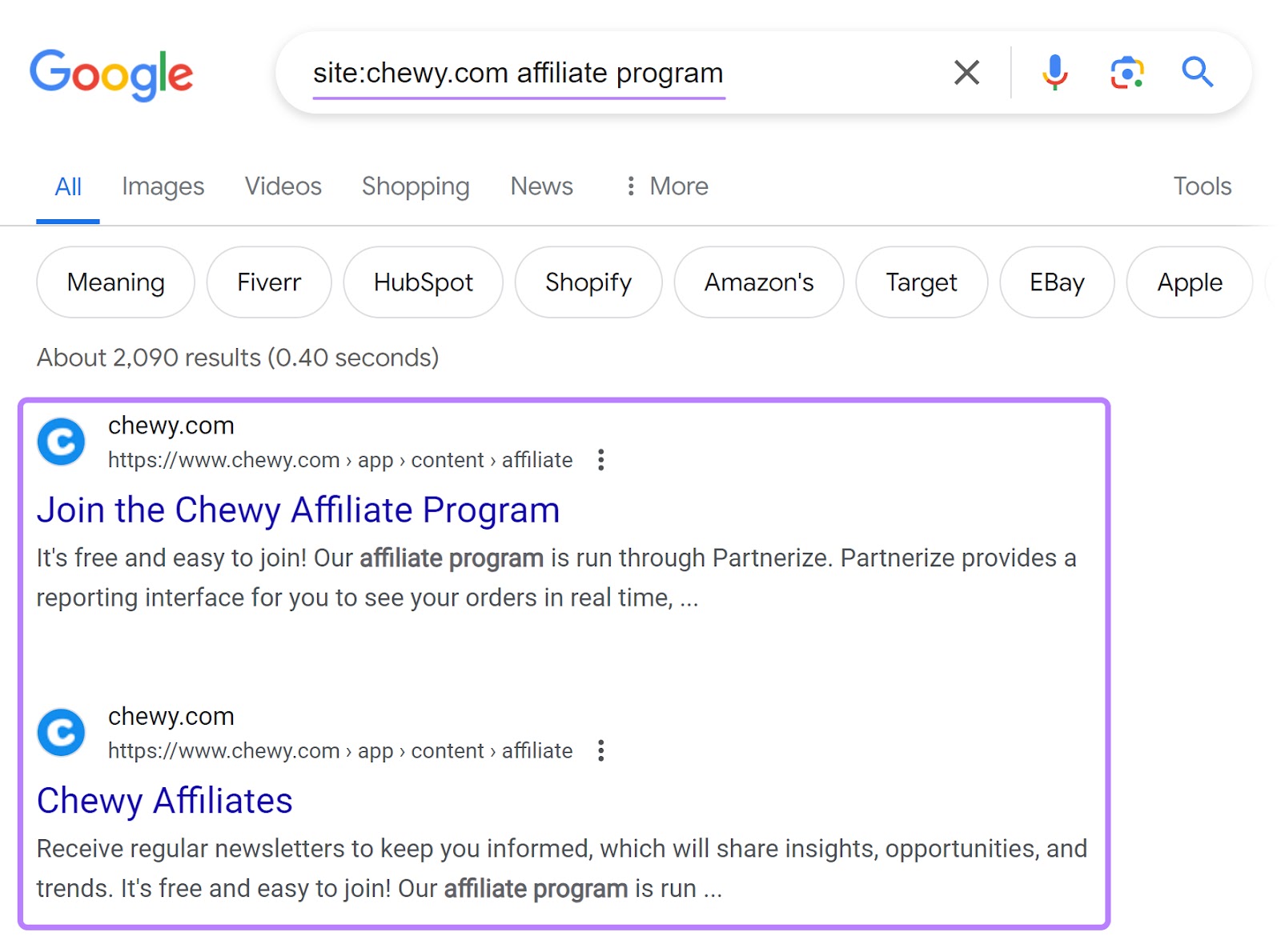 Google's SERP for “site:chewy.com affiliate program" query