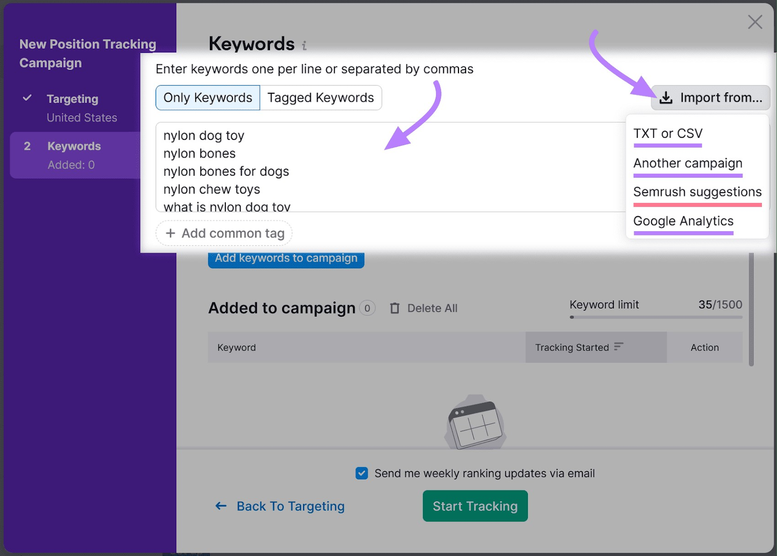 Import keyword "Manually" or “Import from…” drop-down menu