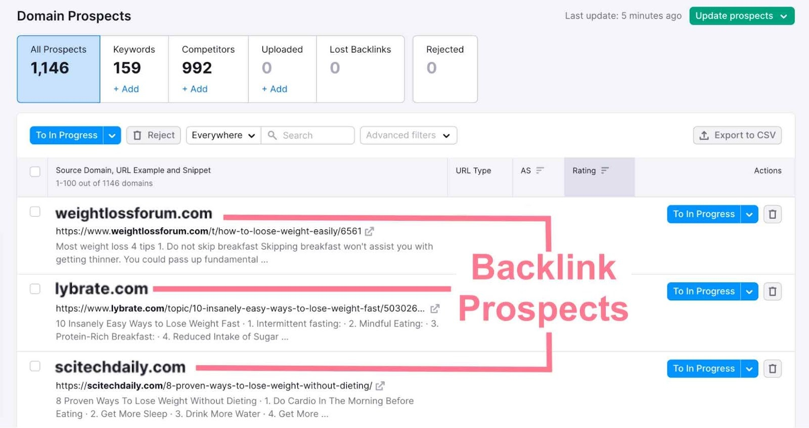 "Prospects" tab in the Link Building Tool