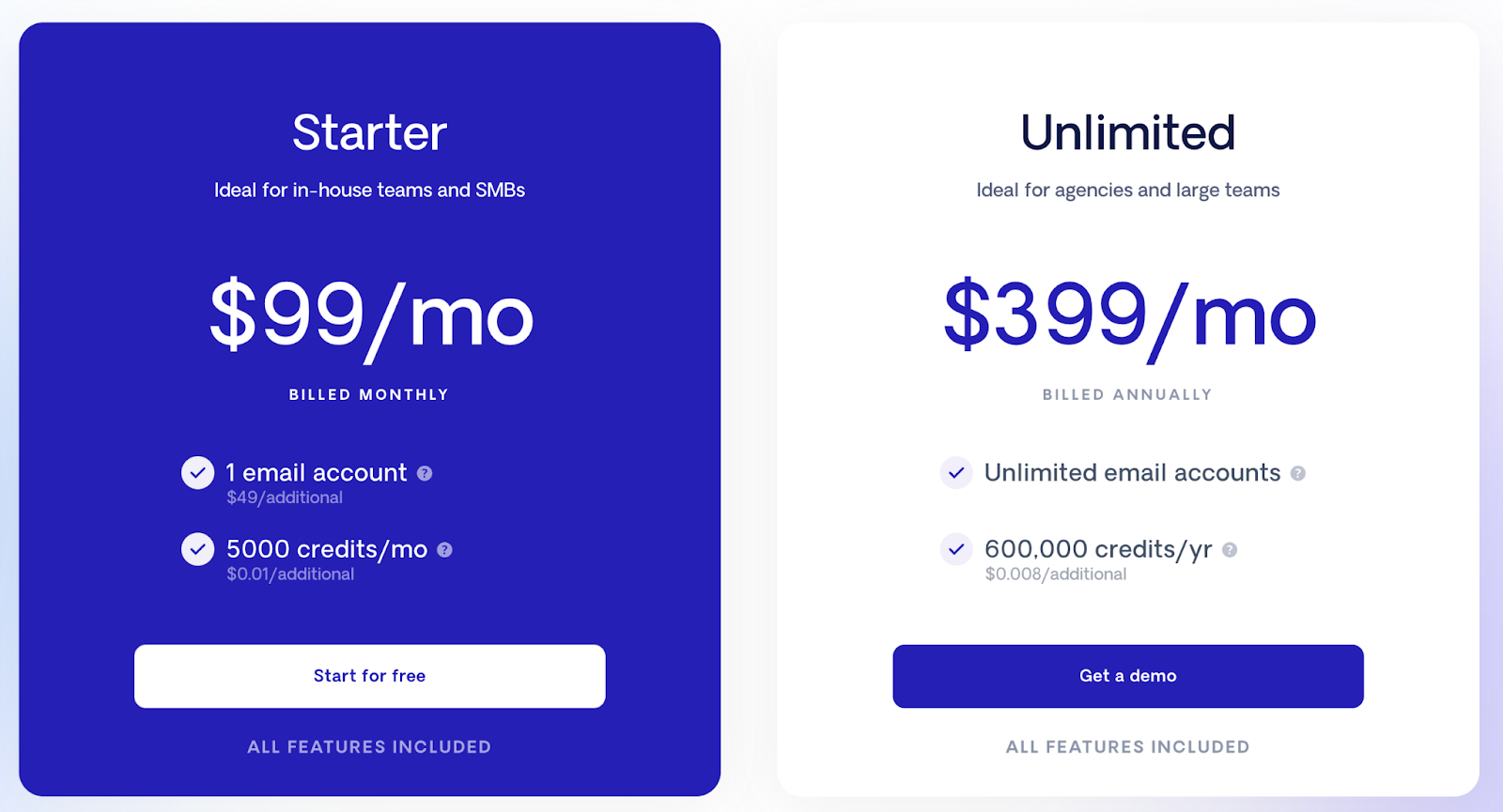Respona’s pricing page showing prices for Starter and Unlimited plans