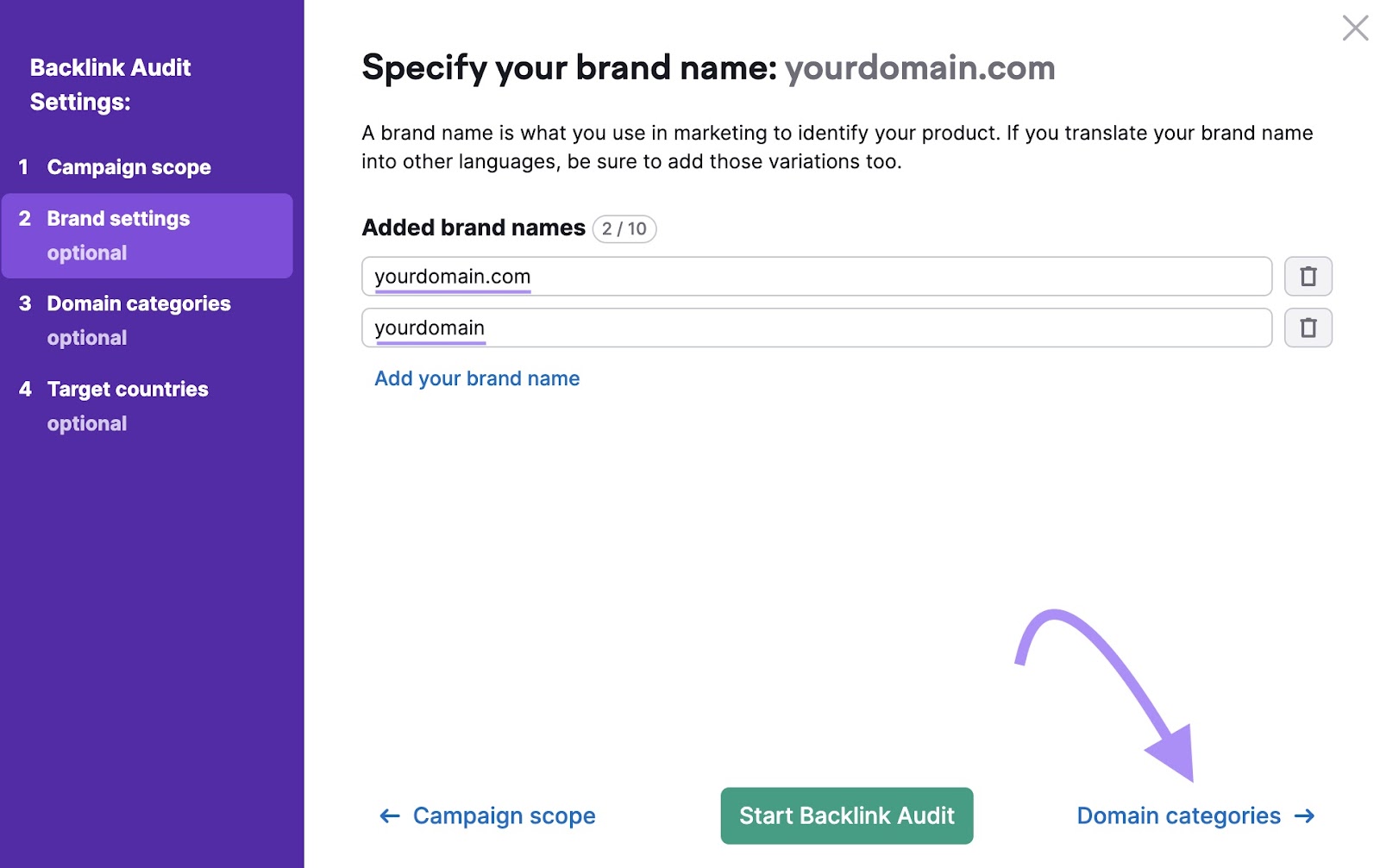 "Specify your brand name" window in Backlink Audit settings