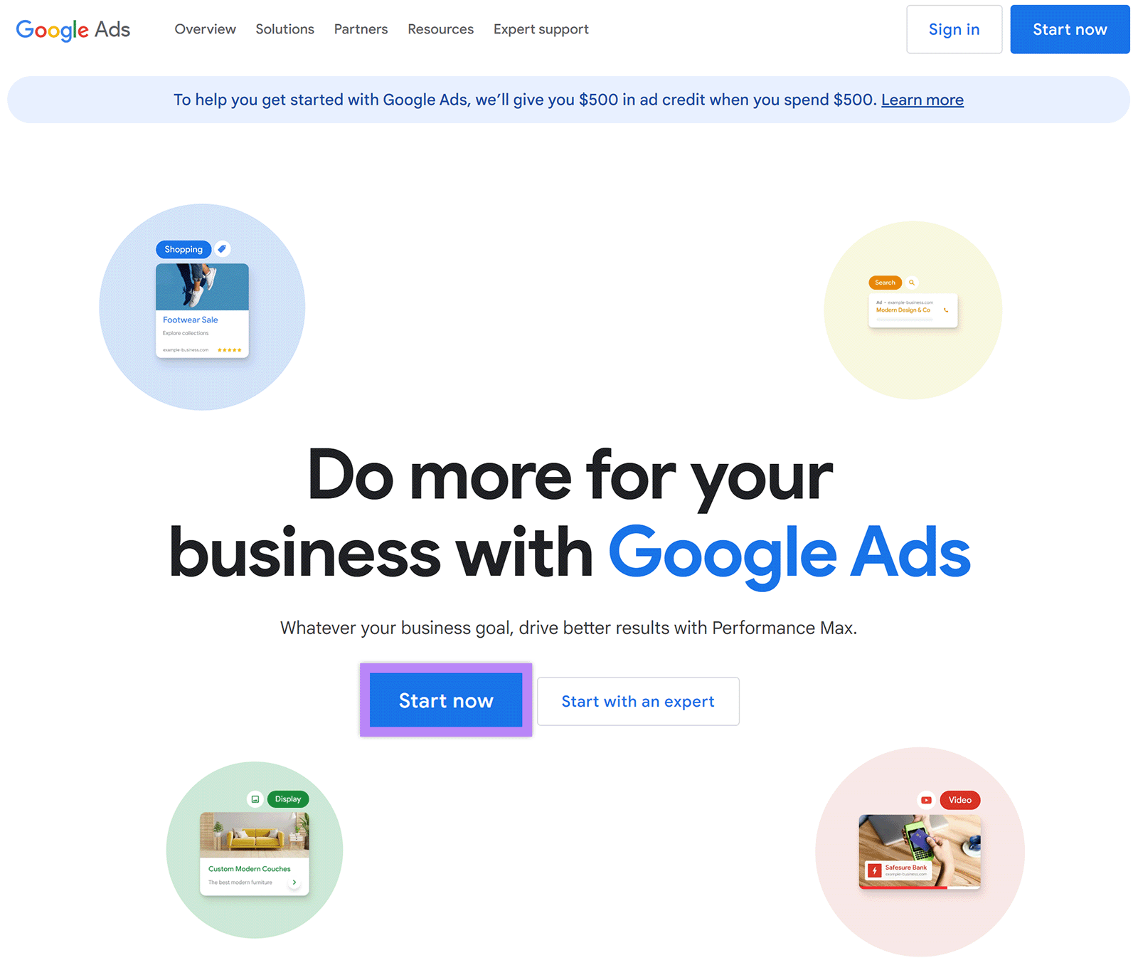 Google Ads landing page with Start Now button highlighted.