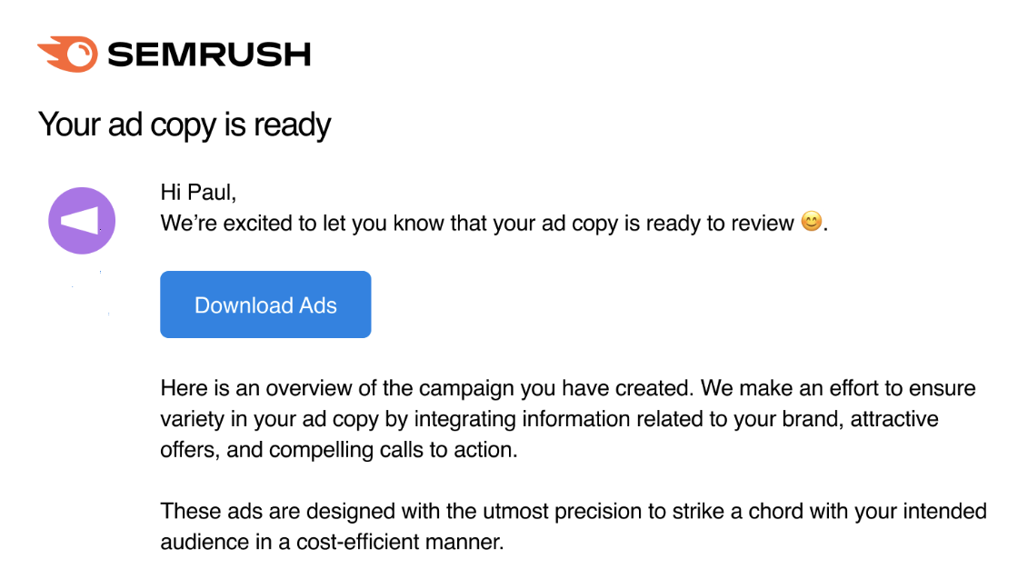 Correo electrónico "Tu texto publicitario está listo" de Semrush