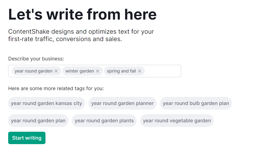 "Let's write from here" screen in ContentShake AI
