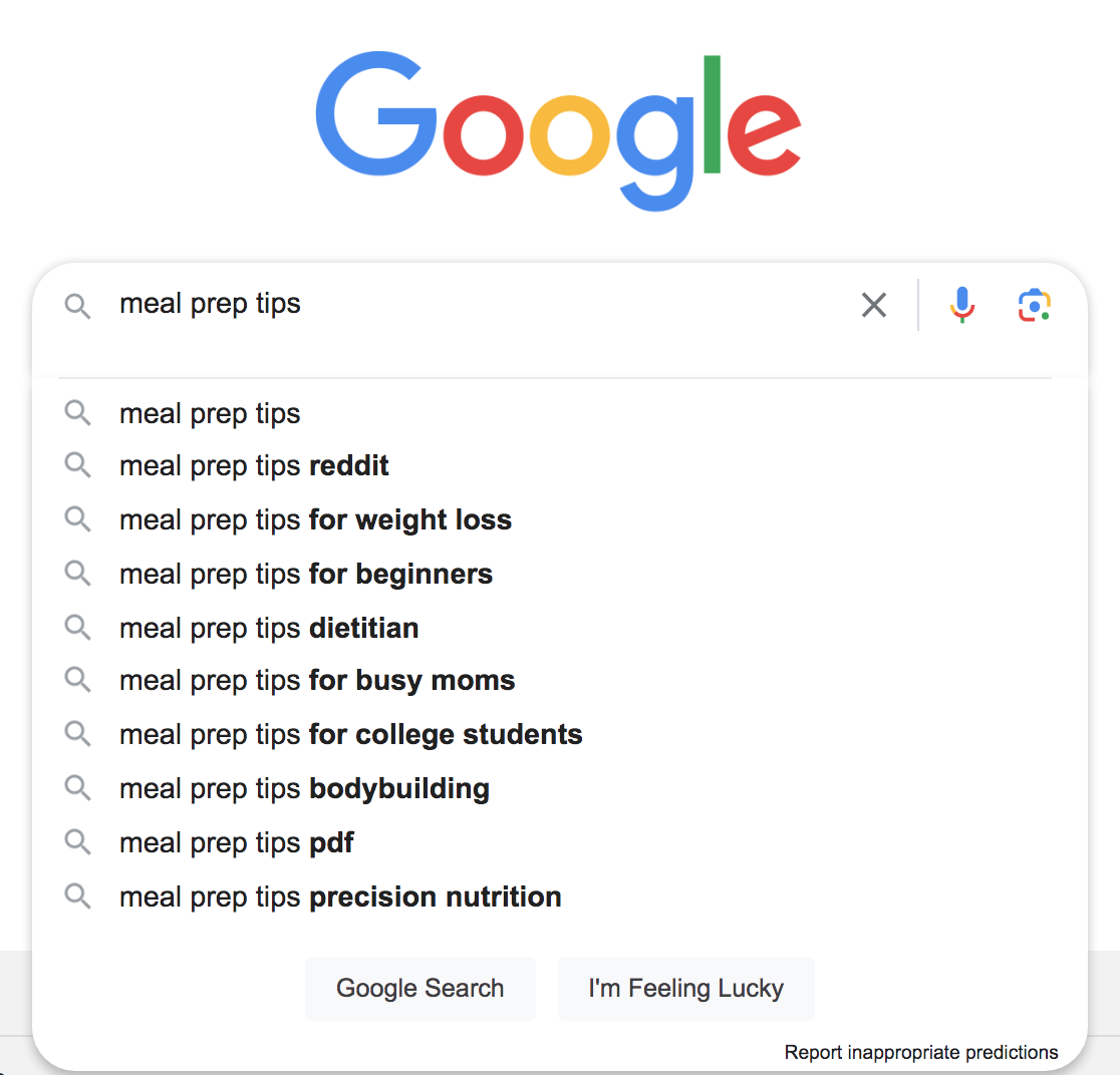 Google's Autocomplete suggestions when typing "meal prep tips" in the search bar