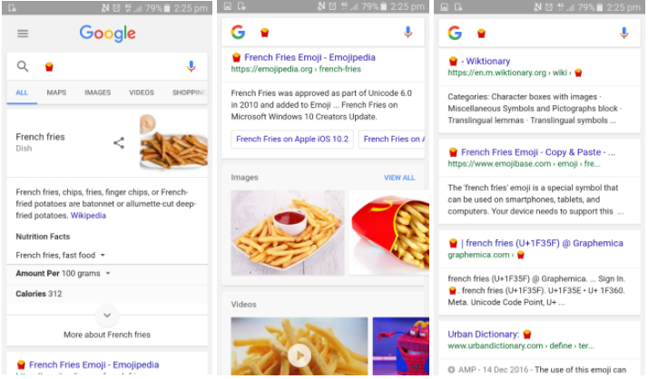 Risultati nelle serp di Google cercando l'emoji delle patatine fritte