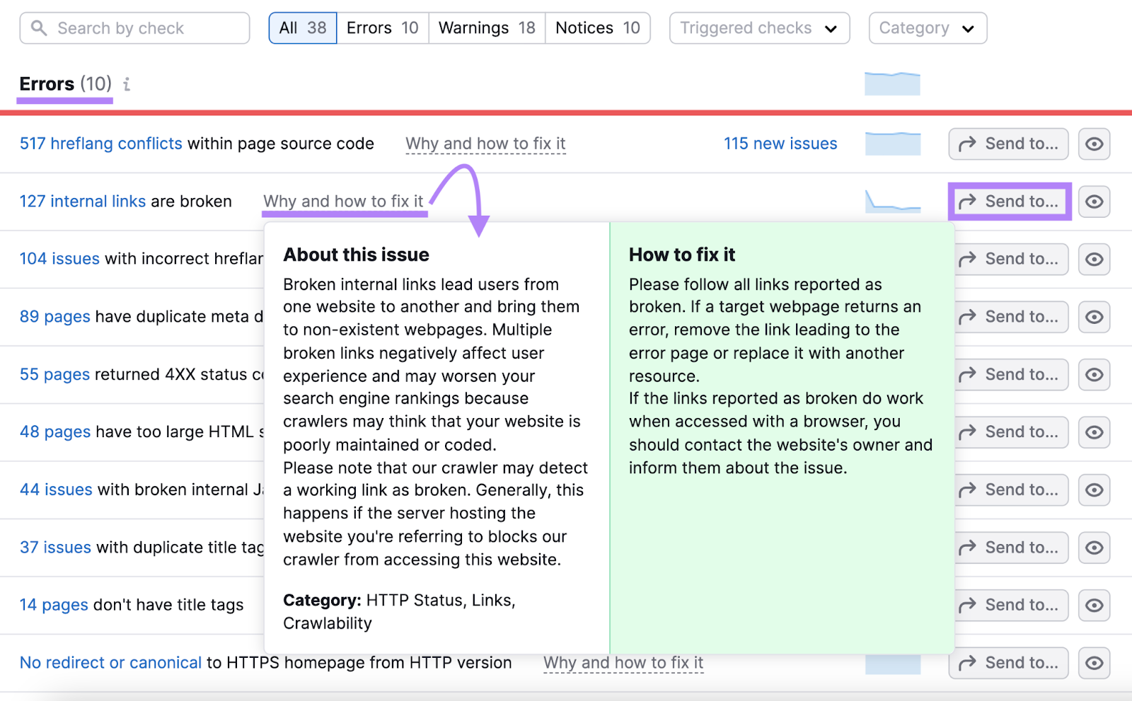 A database  of recovered  "Errors" successful  the Site Audit tool