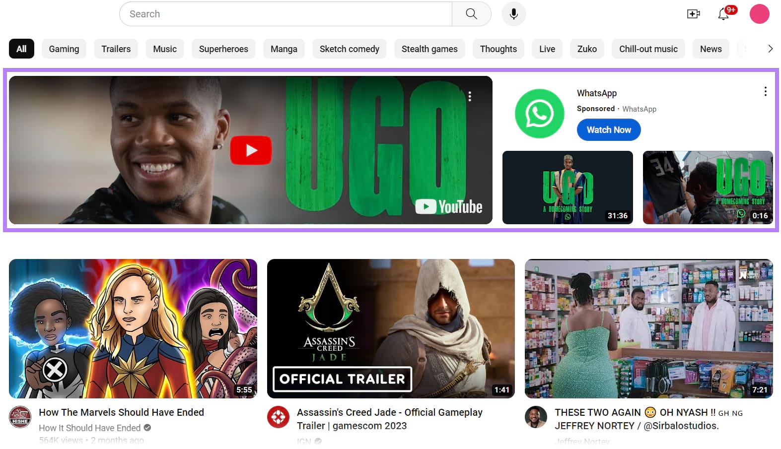 Masthead ad from Whatsapp at the top of YouTube's homepage