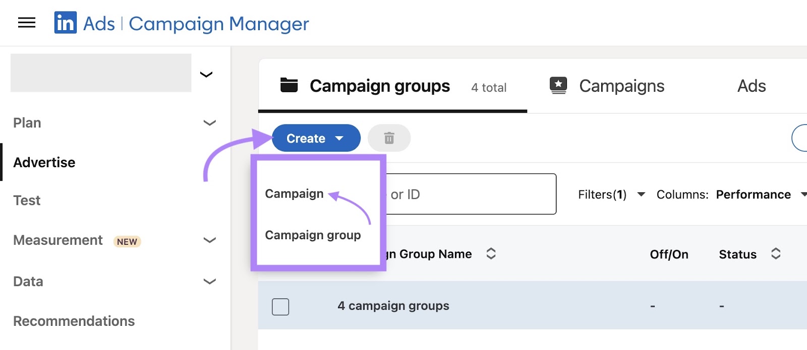 LinkedIn Ads Manager home with "Create" clicked and "Campaign" selected from the drop-down that appears.