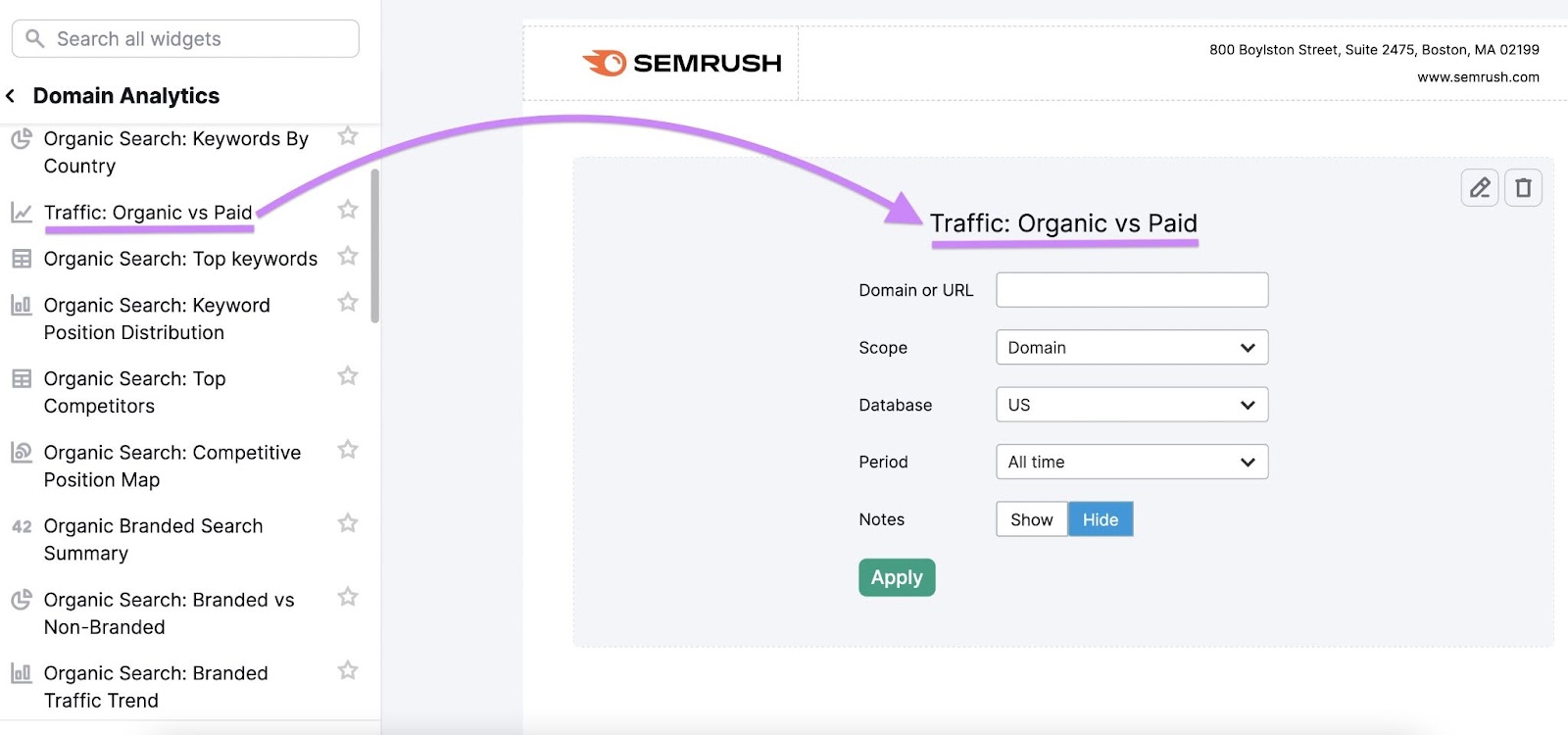 Creating a report titled "Traffic: Organic vs Paid" in the My Reports tool