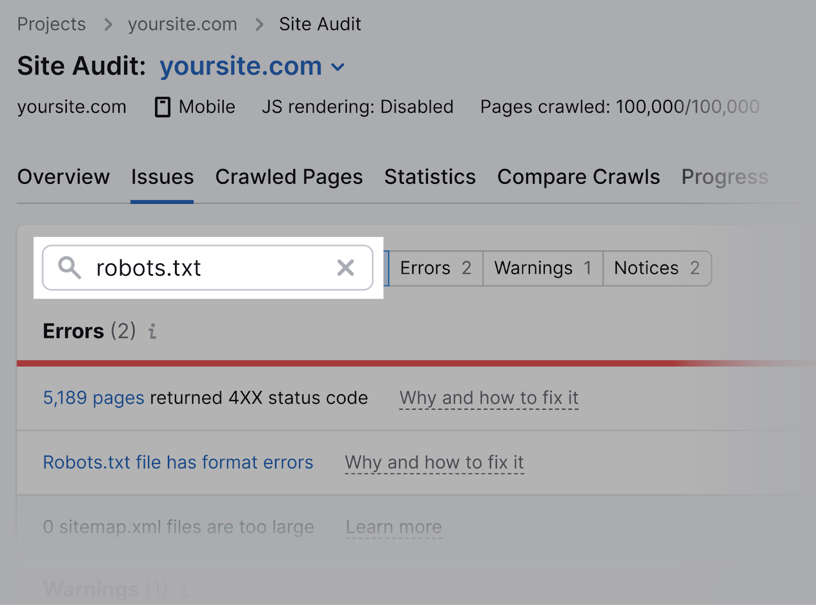 Search for “robots.txt” successful  Site Audit