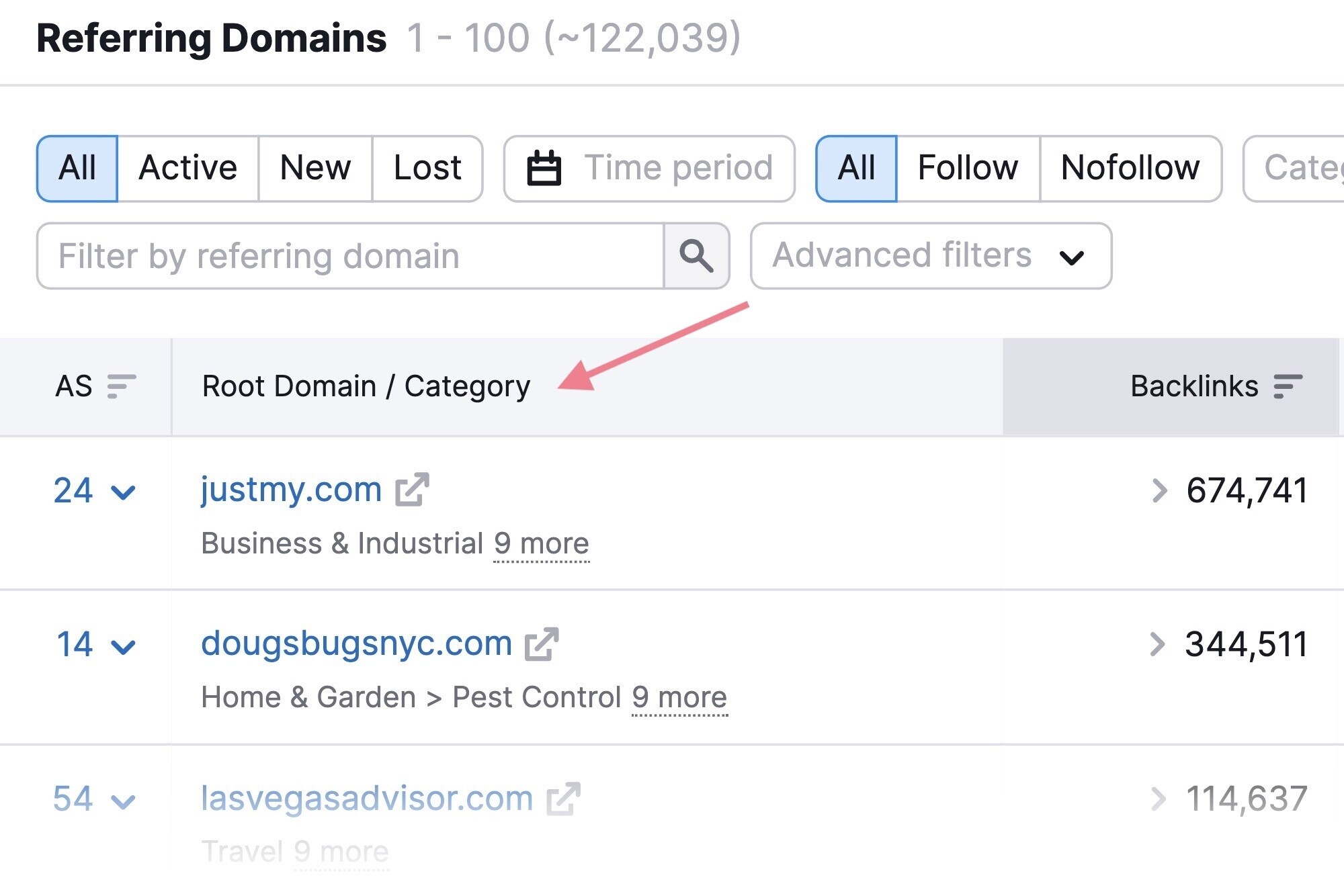 referring domains tab