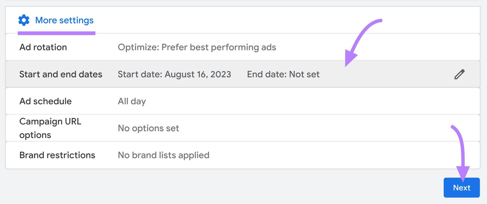 “More settings” section in Google Ads