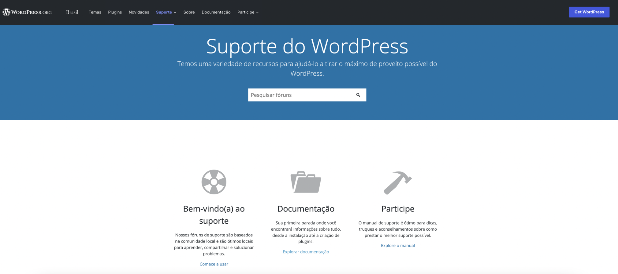 página de suporte do WordPress