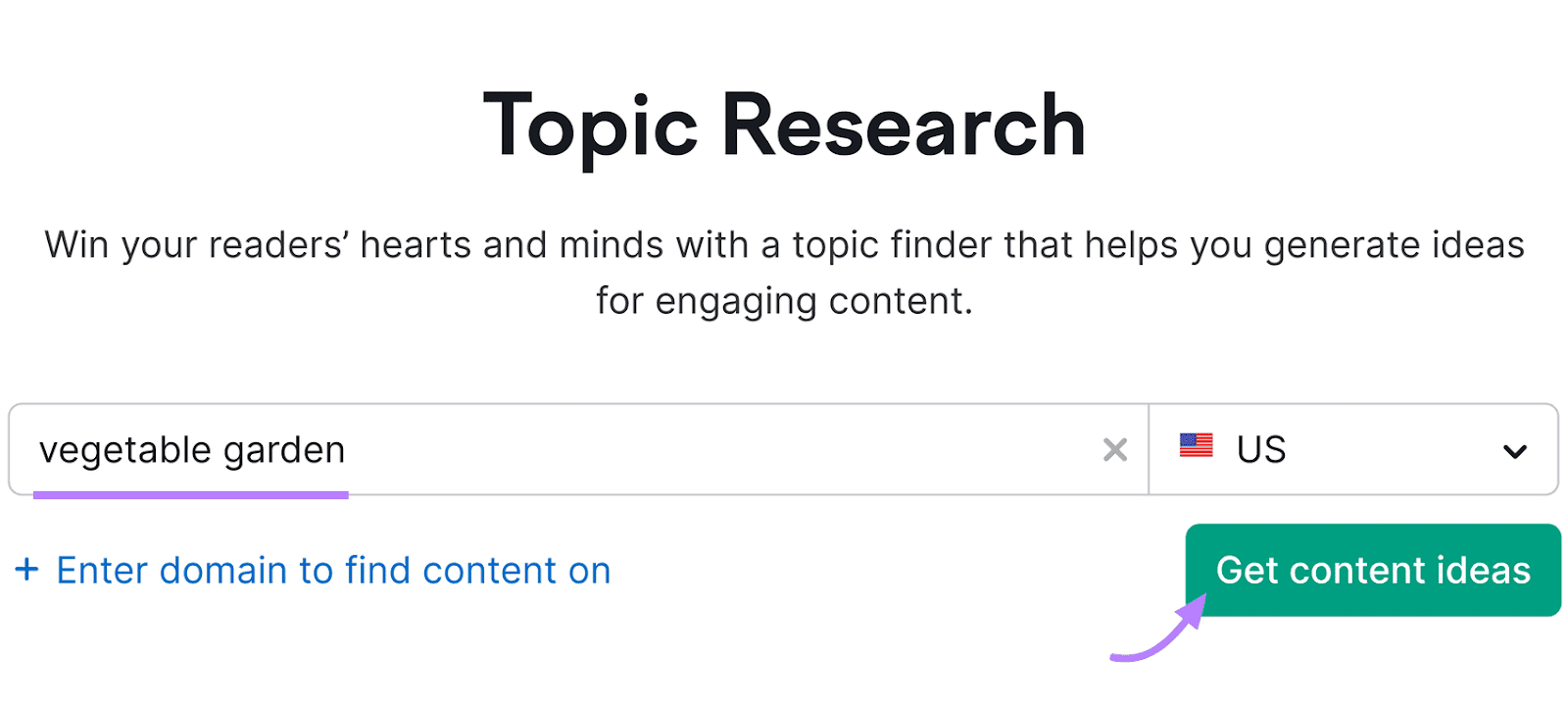 UI of Semrush's Topic Research tool showing a search bar with "vegetable garden" typed in and a "Get content ideas" button