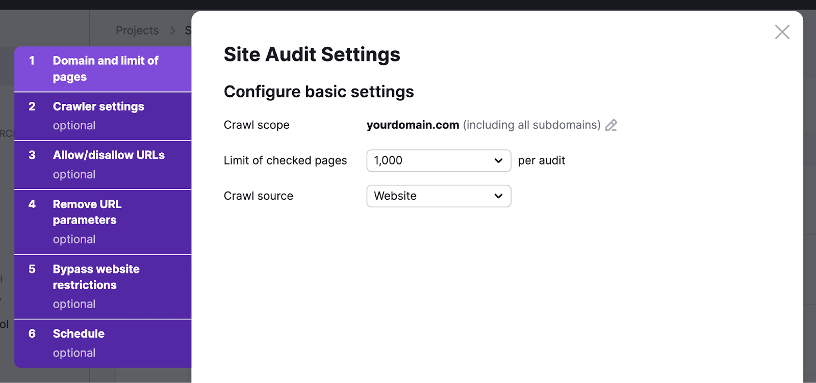 site audit settings popup with crawl scope, number of checked pages, and crawl source