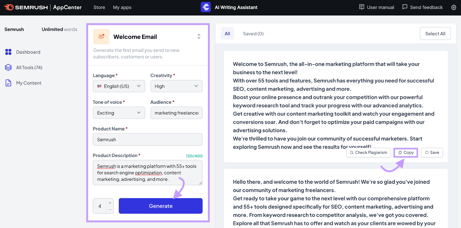 Welcome email creation screen within the AI Writing Assistant